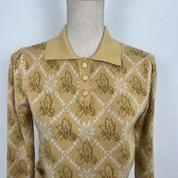 Simple Retro Yellow Floral Polo Contrast Collar Wool Knit Sweater Sz Small NWOT - Picture 10 of 11
